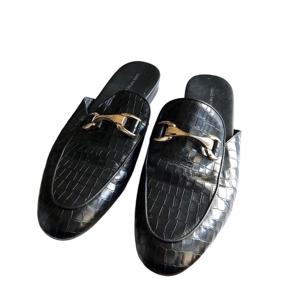 SAKS FIFTH AVENUE Rupert Croc-Embossed Leather Mules Black Size 9M - Picture 1 of 9